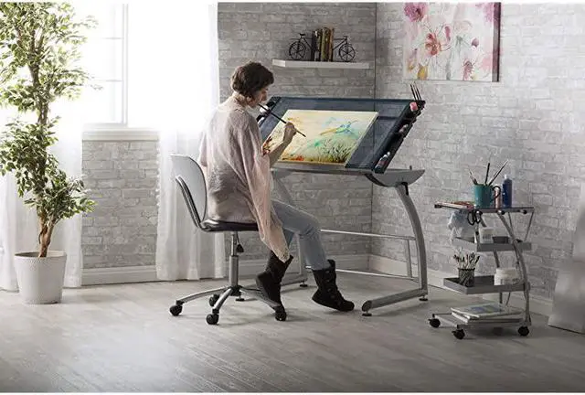 Alt view image 2 of 7 - Triflex Drawing Table Sit to Stand Up Adjustable Office Home Computer Desk 3525 W X 235 D SilverBlue Glass