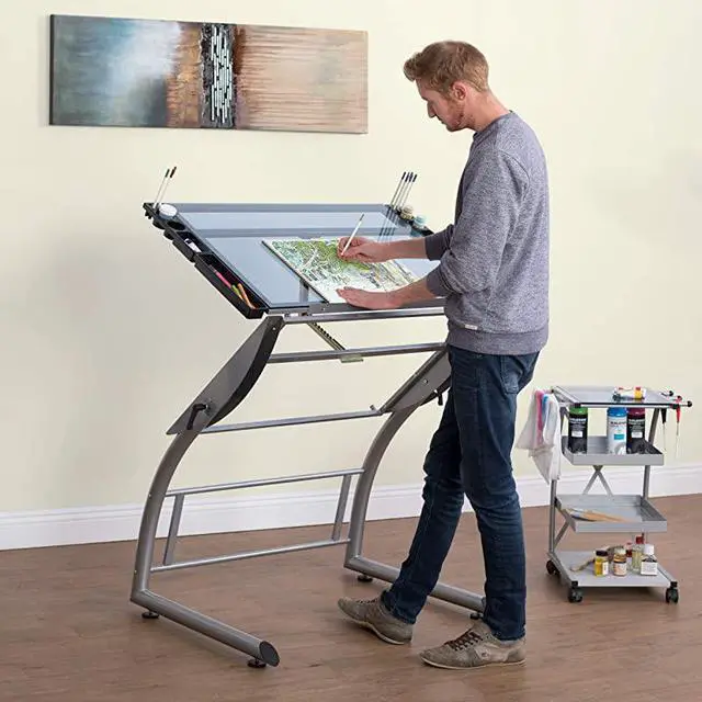 Alt view image 6 of 7 - Triflex Drawing Table Sit to Stand Up Adjustable Office Home Computer Desk 3525 W X 235 D SilverBlue Glass