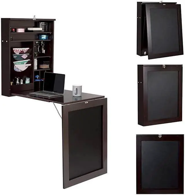 Alt view image 6 of 7 - Wall Mounted Table Fold Out Convertible Desk with Chalkboard MultiFunctional Wall Mounted Laptop Desk Writing Desk Home Office Desk with Large Storage AreaNo Assembly Required