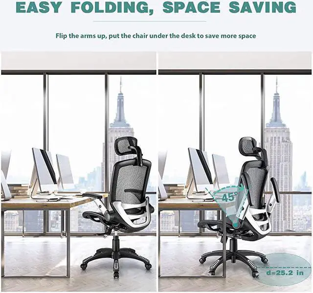 Alt view image 4 of 7 - Ergonomic Mesh Office Chair High Back Desk Chair Adjustable Headrest with FlipUp Arms Tilt Function Lumbar Support and PU Wheels Swivel Computer Task Chair
