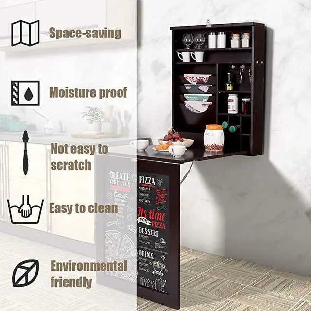 Alt view image 7 of 7 - Wall Mounted Table Fold Out Convertible Desk with Chalkboard MultiFunctional Wall Mounted Laptop Desk Writing Desk Home Office Desk with Large Storage AreaNo Assembly Required