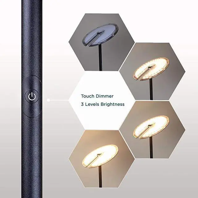 Alt view image 4 of 7 - Dimmable LED Torchiere Floor Lamp 270° Tilt Head 3000 Lumens Adjustable Brightness Standing Pole Lamp Reading Light Floor Lamps for Living Room Bedrooms Dorm and Office Black