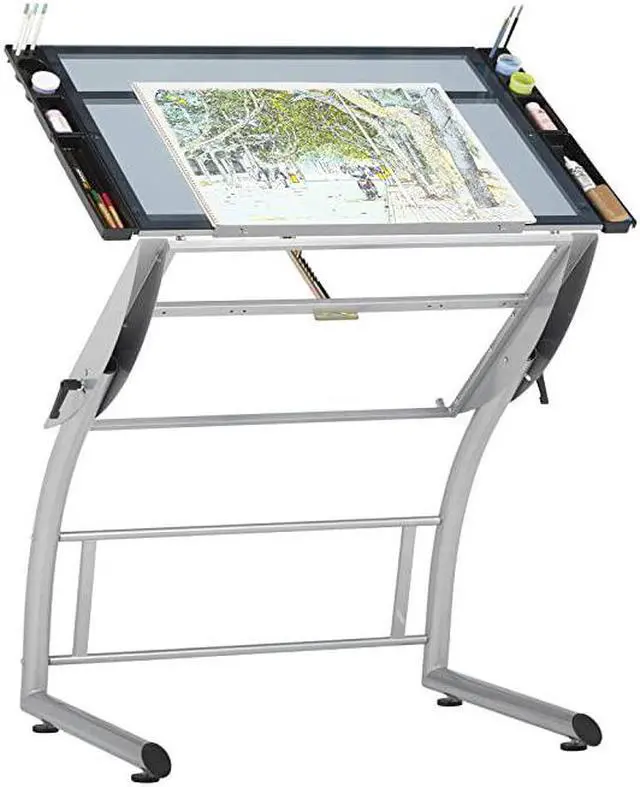Main image of Triflex Drawing Table Sit to Stand Up Adjustable Office Home Computer Desk 3525 W X 235 D SilverBlue Glass
