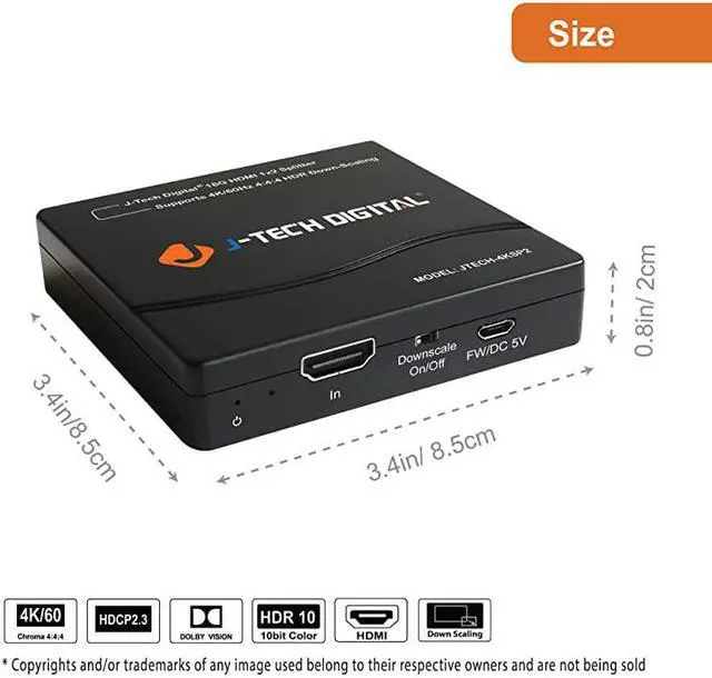 Alt view image 2 of 6 - HDMI Splitter 4K 60Hz 1X2 MultiResolution Output MRO by HDMI 20 Splitter Supports Downscale HDR HDR10 Dolby Vision 4K60Hz 444 HDCP23 22 JTECH4KSP2