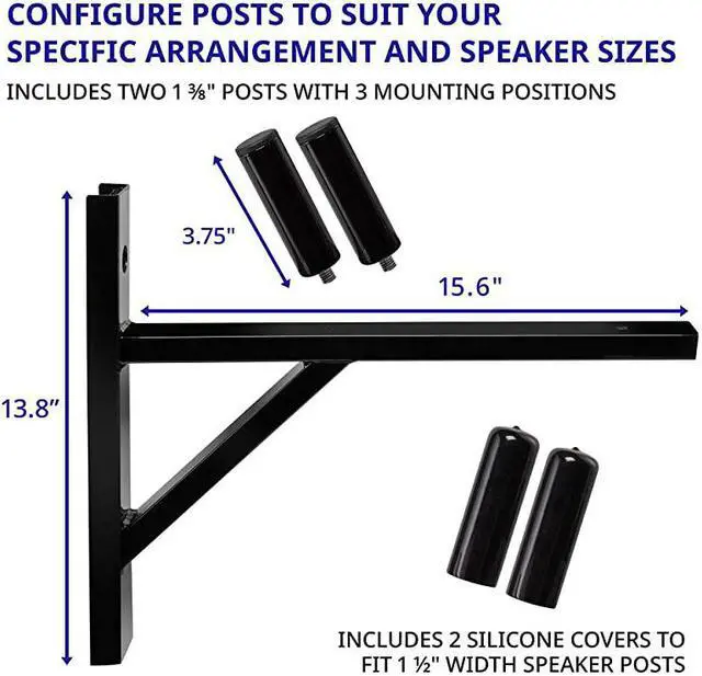 Alt view image 2 of 7 - Wall Mount Speaker Bracket for Professional Audio PA Speaker Holder Set of 2 Pair Heavy Duty Metal Supports 90 Lbs. Weight Capacity Interchangeable Posts Black - LYXWSB15B