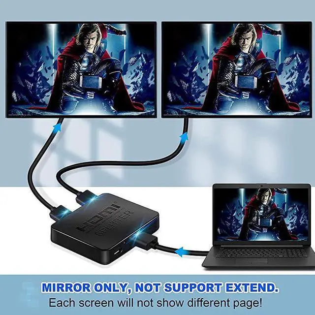 Alt view image 3 of 7 - HDMI Splitter 1 in 2 Out 4K HDMI Splitter for Dual Monitors DuplicateMirror Only 1x2 HDMI Splitter 1 to 2 Amplifier for Full HD 1080P 3D with HDMI Cable 1 Source onto 2 Displays