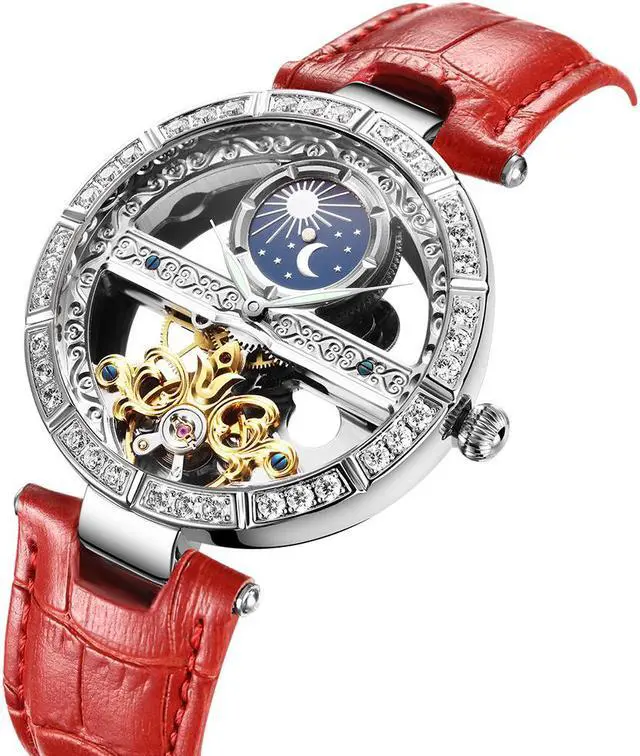 Alt view image 2 of 4 - Women Watches Mechanical Watch Leather Band Automatic Self-Winding Wristwatch Moon Phase Luminous Watch for Women Ladies