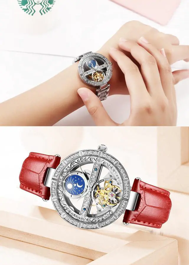 Alt view image 3 of 4 - Women Watches Mechanical Watch Leather Band Automatic Self-Winding Wristwatch Moon Phase Luminous Watch for Women Ladies