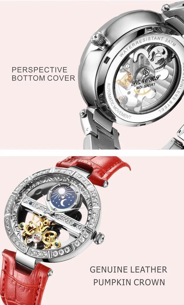 Alt view image 4 of 4 - Women Watches Mechanical Watch Leather Band Automatic Self-Winding Wristwatch Moon Phase Luminous Watch for Women Ladies