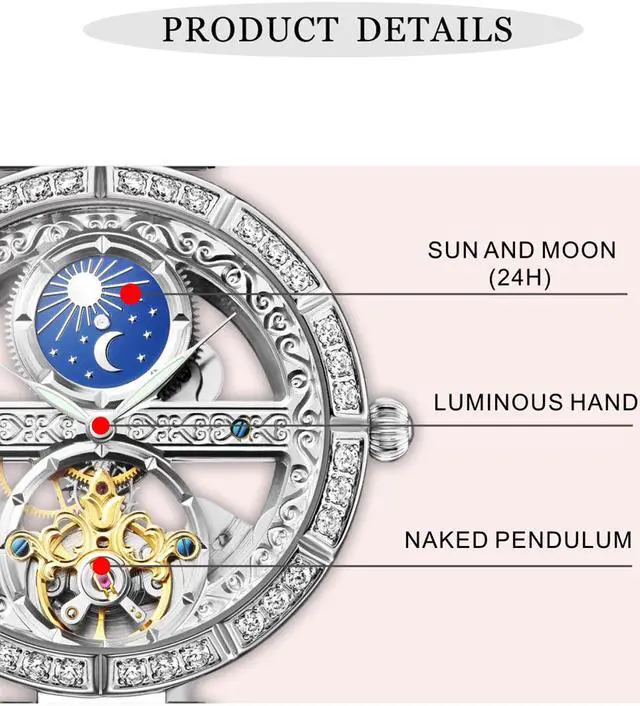 Alt view image 2 of 5 - Women Watches Mechanical Watch Leather Band Automatic Self-Winding Wristwatch Moon Phase Luminous Watch for Women Ladies