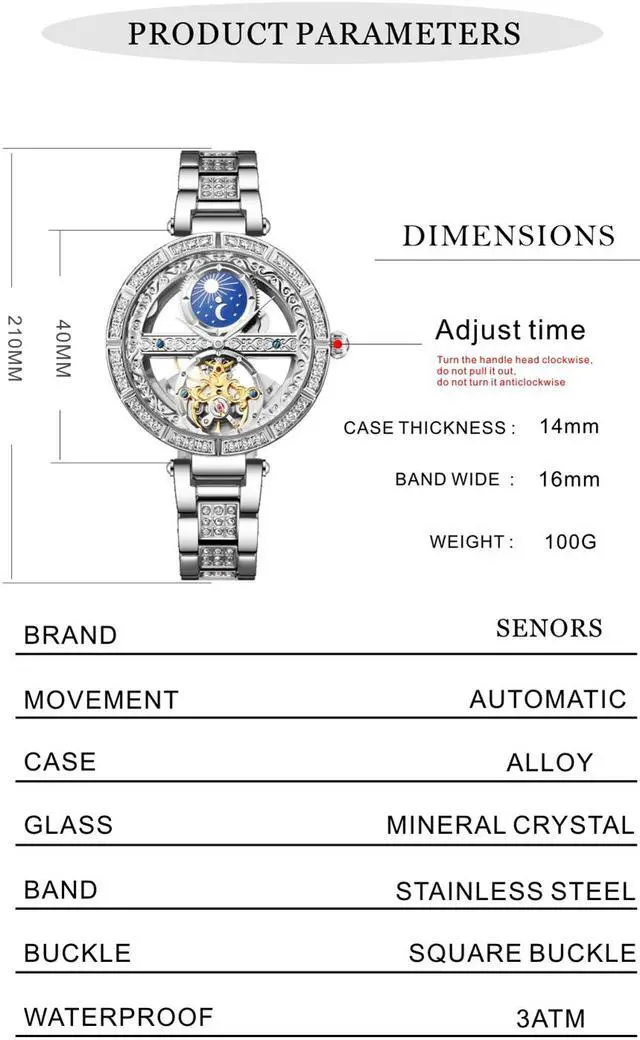 Alt view image 3 of 5 - Women Watches Mechanical Watch Leather Band Automatic Self-Winding Wristwatch Moon Phase Luminous Watch for Women Ladies