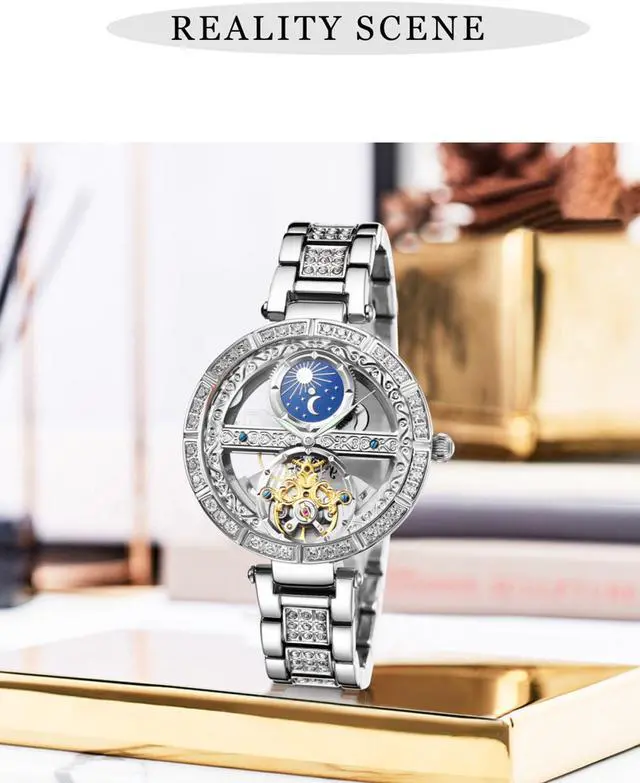 Alt view image 3 of 6 - Women Watches Mechanical Watch Leather Band Automatic Self-Winding Wristwatch Moon Phase Luminous Watch for Women Ladies