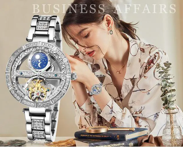 Alt view image 4 of 6 - Women Watches Mechanical Watch Leather Band Automatic Self-Winding Wristwatch Moon Phase Luminous Watch for Women Ladies