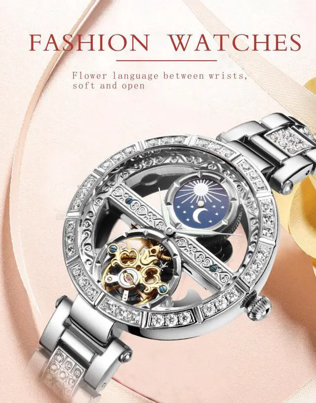 Alt view image 5 of 6 - Women Watches Mechanical Watch Leather Band Automatic Self-Winding Wristwatch Moon Phase Luminous Watch for Women Ladies