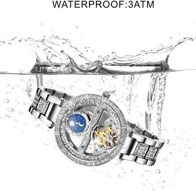 Alt view image 6 of 6 - Women Watches Mechanical Watch Leather Band Automatic Self-Winding Wristwatch Moon Phase Luminous Watch for Women Ladies