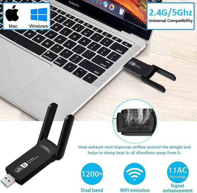Alt view image 5 of 5 - 1200Mbps WIFI USB adapter 2.4/ 5GHz Wireless USB 3.0 PC Network Card USB Dongle