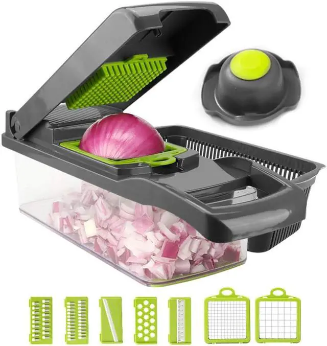 Alt view image 6 of 7 - 8 Blade Vegetable Slicer, Onion Mincer Chopper, Vegetable Chopper, Cutter, Dicer, Egg Slicer with Container(Gray)