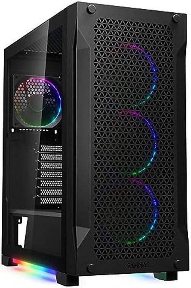 Gaming PC Computer Case RGB LED Mid Tower ATX Tempered Glass 6x Halo Ring  Fans