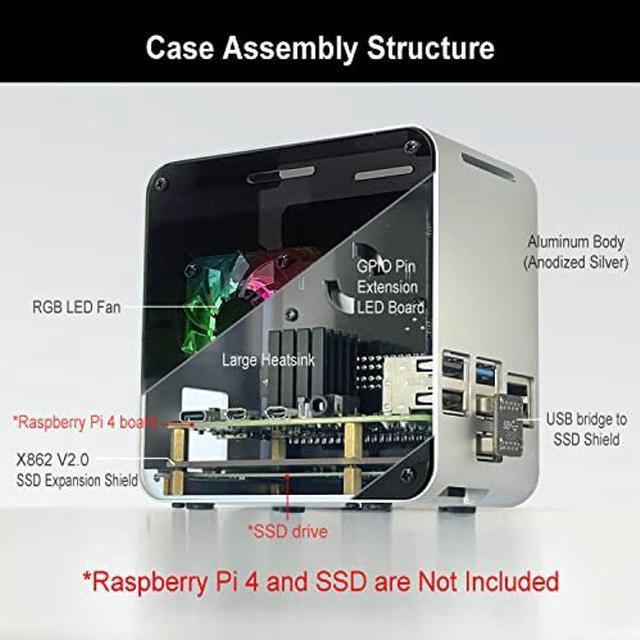 ElectroCookie Raspberry Pi 4 SATA SSD Support Case, Aluminum Mini Tower Case  with Cooling Fan and Color Changing Ambient Light (Silver & Black) 