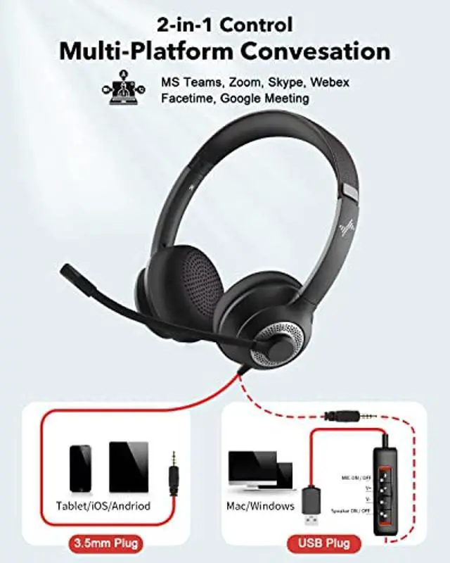 Alt view image 5 of 5 - EAGLEND USB Headset with Mic for PC, On-Ear Computer Laptop Headphones with Noise Cancelling Microphone in-line Control for Home Office Online Class Skype Zoom