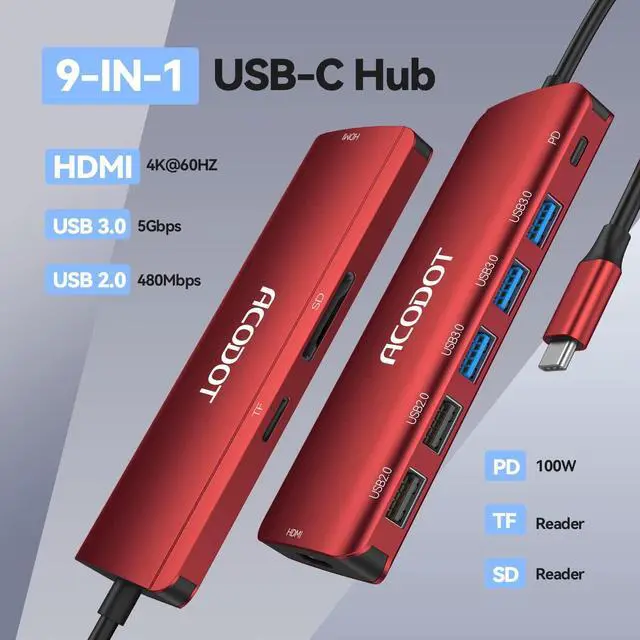 Alt view image 2 of 5 - Acodot 9-in-1 USB C Hub Multiport Adapter - 4K@60HZ HDMI, 3 USB 3.0 Ports, SD/TF Card Reader, 100W PD for MacBook Pro Air HP XPS - Red