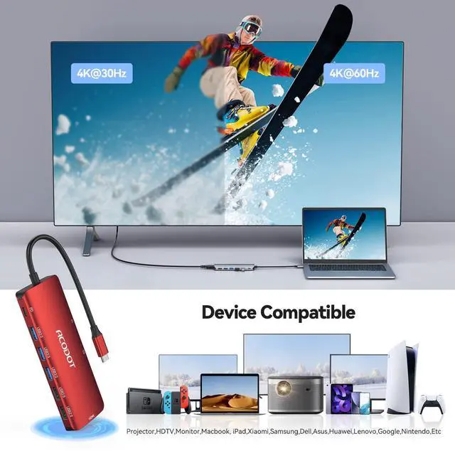 Alt view image 3 of 5 - Acodot 9-in-1 USB C Hub Multiport Adapter - 4K@60HZ HDMI, 3 USB 3.0 Ports, SD/TF Card Reader, 100W PD for MacBook Pro Air HP XPS - Red