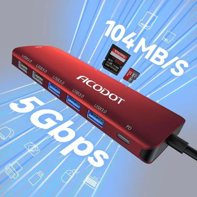 Alt view image 4 of 5 - Acodot 9-in-1 USB C Hub Multiport Adapter - 4K@60HZ HDMI, 3 USB 3.0 Ports, SD/TF Card Reader, 100W PD for MacBook Pro Air HP XPS - Red