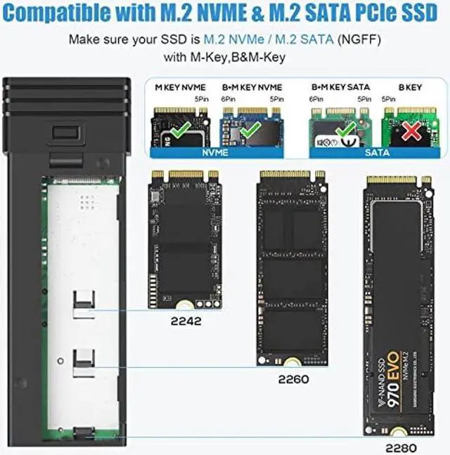 Alt view image 2 of 5 - NVMe M.2 Enclosure & USB Hub 2 in 1, USB C 3.2 Gen2 10Gbps Supports M.2 NVME PCIe M-Key B+M Key Tool-Free Hard Drive Enclosure with 2 USB Port SD/TF Card Reader for 2242/2260/2280 SSD (Black)