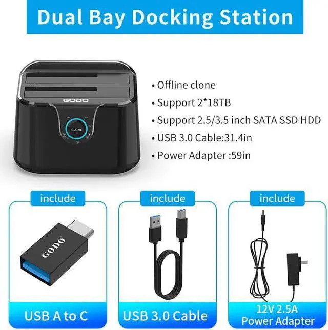 Alt view image 2 of 5 - GODO USB 3.0 to SATA III Mini Dual Bay External Hard Drive Docking Station for 2.5 / 3.5 inch HDD SSD,Support Offline Clone,Hot Pluggable,with USB C Adapter,UASP