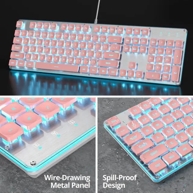 Alt view image 2 of 4 - Owpkeenthy Pink Keyboard Full-Size Cute Light Up Typewriter Silent Office Gaming Keyboard with Metal Panel for Laptop PC Desktops (104 Pink)