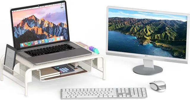 Alt view image 5 of 5 - Simple Houseware Metal Desk Monitor Stand Riser with Organizer Drawer, White