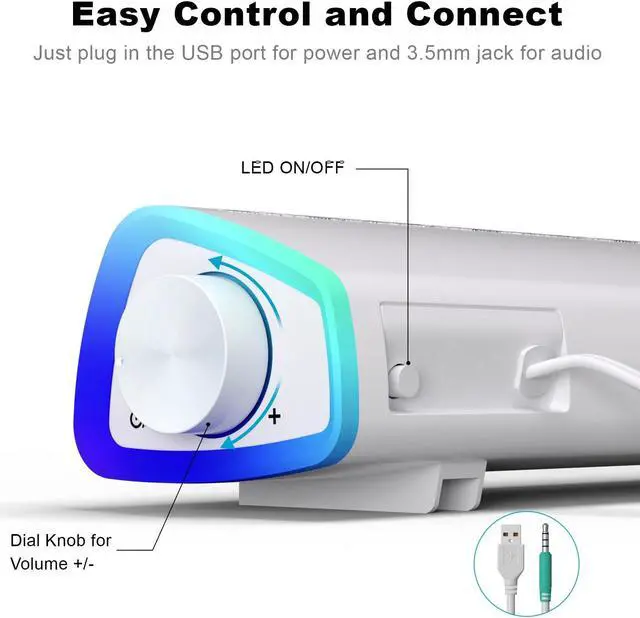 Alt view image 3 of 5 - SOULION R30 Computer Speakers, USB Powered 3.5mm AUX Small PC Speakers, Colorful LED Lights with Switch Button, Surround Sound Portable Computer Sound Bar Speaker for Desktop Laptop White