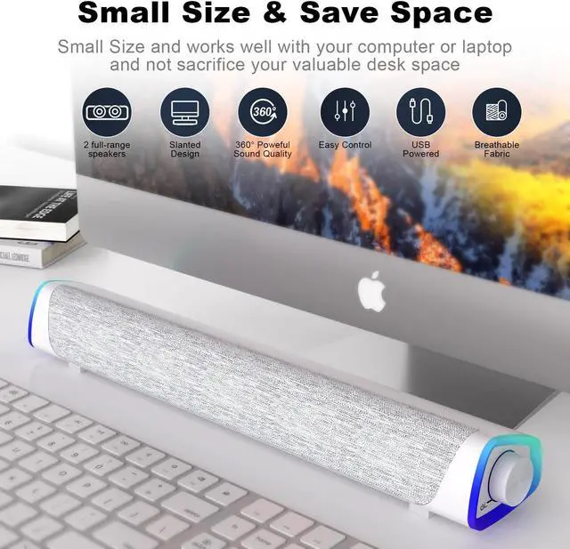 Alt view image 5 of 5 - SOULION R30 Computer Speakers, USB Powered 3.5mm AUX Small PC Speakers, Colorful LED Lights with Switch Button, Surround Sound Portable Computer Sound Bar Speaker for Desktop Laptop White