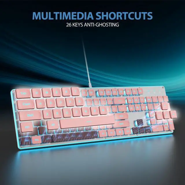 Alt view image 4 of 5 - surmen G1000 Typewriter Backlit Pink Keyboard Full Size 104 Keys with Metal Panel, Silent Membrane Quiet Office Gaming Keyboard USB Wired for PC Desktop Computer(Pink)