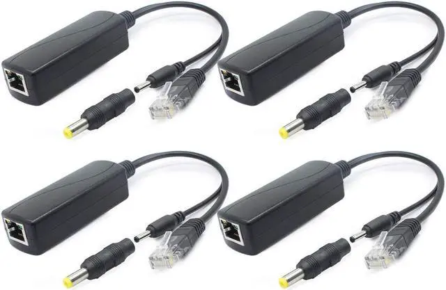 Main image of ANVISION 4-Pack 5V Gigabit PoE Splitter, 48V to 5V 2.4A Adapter, 10/100/1000Mbps, Plug 3.5mm x 1.35mm, 5.5mm x 2.1mm Connector, IEEE 802.3af Compliant, for IP Camera and More