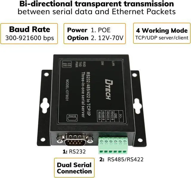 Alt view image 2 of 5 - DTECH Serial to Ethernet Converter Adapter RS232 RS422 RS485 to TCP IP Device Server Supports DHCP DNS Modbus RTU/TCP 10/100M Power Over Ethernet POE
