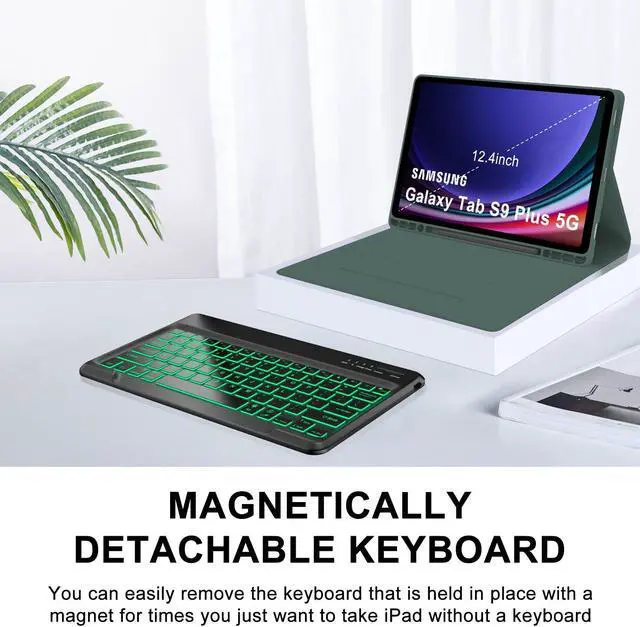 Alt view image 3 of 5 - Keyboard Case for Samsung Galaxy Tab S9 Plus 12.4 in, Galaxy Tab S10+ Keyboard Case with 7 Colors Backlit, Keyboard for Galaxy S9FE+ Case, Magnetic Detachable, Auto Sleep/Wake Smart Case (Dark Green)