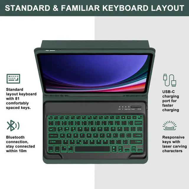 Alt view image 4 of 5 - Keyboard Case for Samsung Galaxy Tab S9 Plus 12.4 in, Galaxy Tab S10+ Keyboard Case with 7 Colors Backlit, Keyboard for Galaxy S9FE+ Case, Magnetic Detachable, Auto Sleep/Wake Smart Case (Dark Green)