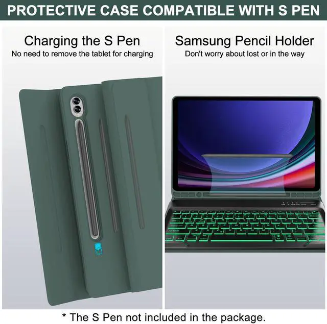 Alt view image 5 of 5 - Keyboard Case for Samsung Galaxy Tab S9 Plus 12.4 in, Galaxy Tab S10+ Keyboard Case with 7 Colors Backlit, Keyboard for Galaxy S9FE+ Case, Magnetic Detachable, Auto Sleep/Wake Smart Case (Dark Green)