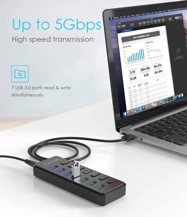 Alt view image 3 of 5 - LENTION Powered USB 3.0 Multiport Hub, 7-Port Data Splitter with 3 Smart Charging, Individual On/Off Switches and 36W Power Adapter for MacBook, Mac Pro/Mini, Surface, Chromebook, More (CB-H92, Black)