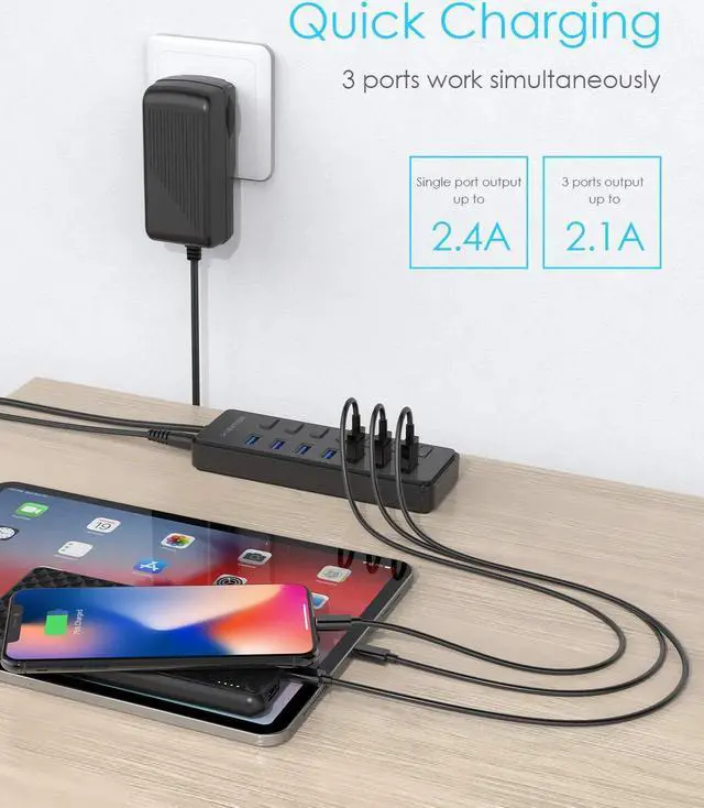 Alt view image 4 of 5 - LENTION Powered USB 3.0 Multiport Hub, 7-Port Data Splitter with 3 Smart Charging, Individual On/Off Switches and 36W Power Adapter for MacBook, Mac Pro/Mini, Surface, Chromebook, More (CB-H92, Black)