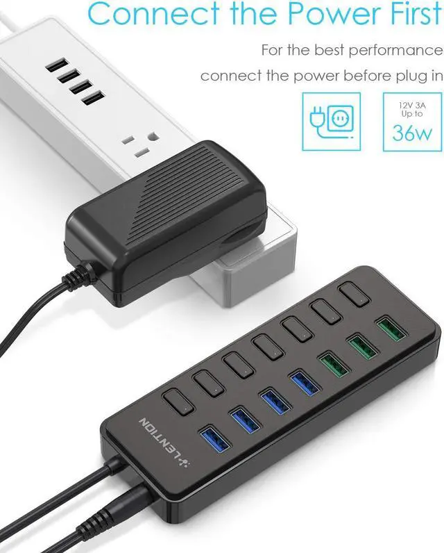 Alt view image 5 of 5 - LENTION Powered USB 3.0 Multiport Hub, 7-Port Data Splitter with 3 Smart Charging, Individual On/Off Switches and 36W Power Adapter for MacBook, Mac Pro/Mini, Surface, Chromebook, More (CB-H92, Black)