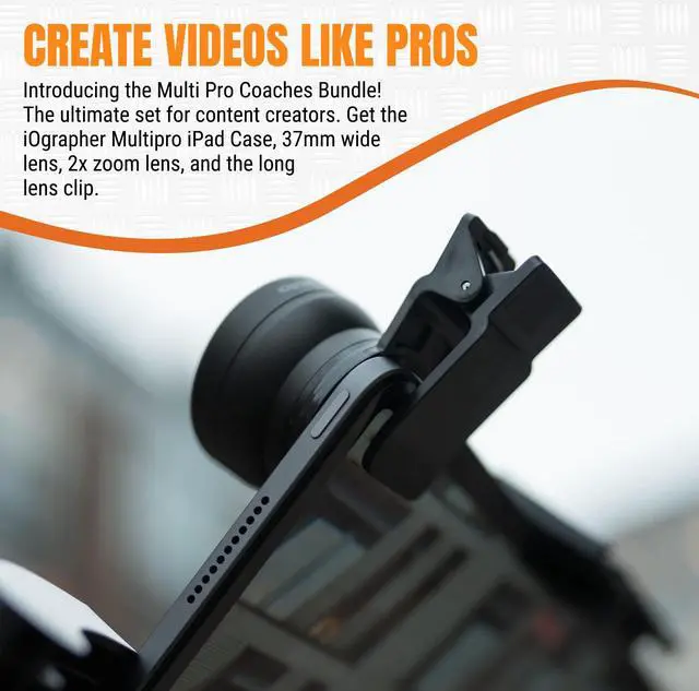 Alt view image 2 of 5 - iOgrapher Multi Pro Coaches Bundle - Pack of Adjustable iPad Case with Handles (Fits iPad Pro 12.9/11/Air 4/5), 37mm Wide Angle & Macro Lens, 2X Telephoto Zoom Phone Camera Lens, and Steady Lens Clip