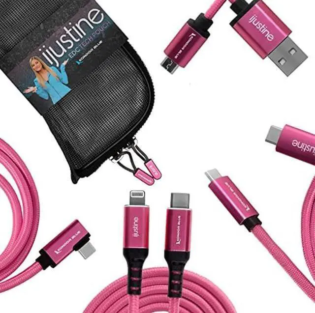 Main image of KONDOR BLUE x iJustine | Complete Collection | 9 Braided Cable Pack with EDC Tech Pouch for Cable Organization, Compatible with Phones, Computers, Cameras, & Beyond | Pink