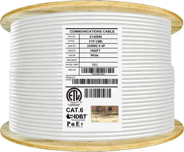 Main image of Elite Cat6 Shielded Riser (CMR), 1000ft, F/UTP 23AWG, Solid Bare Copper, 550MHz, UL Certified, UL-LP Certification, Bulk Ethernet Cable Reel, White