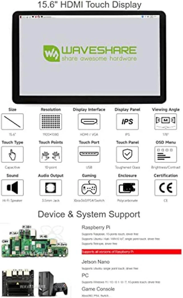 Alt view image 3 of 5 - Waveshare HDMI Capacitive IPS Touch Screen LCD Type H with Case 15.6inch Support Raspberry Pi/Jetson Nano/PC