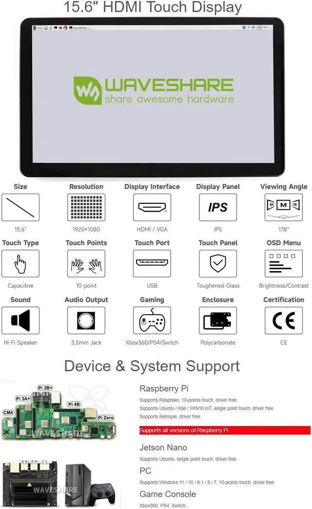 Alt view image 4 of 5 - Waveshare 15.6inch Capacitive Touch Screen LCD with Case Compatible with Raspberry Pi4B/3B+/3A+/2B/B+/A+/Zero/Zero W/WH/Zero 2W CM3+/4 1920×1080 Resolution HDMI IPS Supports Jetson Nano/Windows