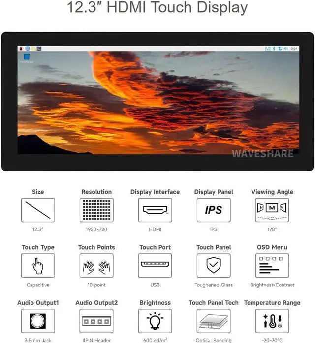 Alt view image 3 of 5 - Waveshare 12.3inch Capacitive Touch Screen LCD Compatible with Raspberry Pi 5/4B/3B+/3B/2B/B+/A+/Zero/Zero W/WH/Zero 2W Series Boards 600 Cd/M²1920×720 HDMI IPS Toughened Glass Panel