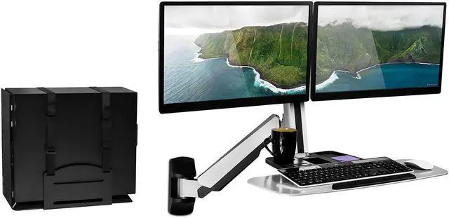 Alt view image 2 of 5 - Mount-It! Sit Stand Dual Monitor Wall Mount Workstation & Stand Up Computer Station with Articulating Keyboard Tray Arm and CPU Holder