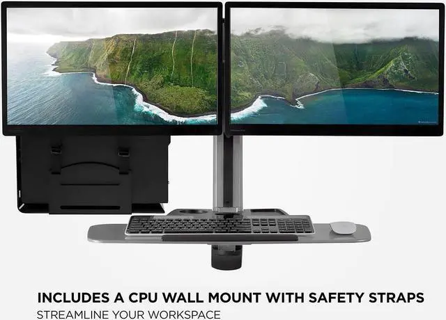 Alt view image 3 of 5 - Mount-It! Sit Stand Dual Monitor Wall Mount Workstation & Stand Up Computer Station with Articulating Keyboard Tray Arm and CPU Holder